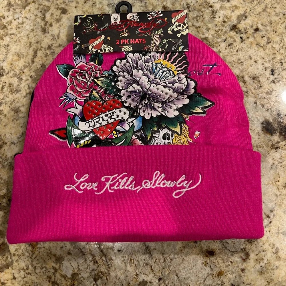 Ed Hardy Beanies (set of two) Hot Pink/Black Beanie